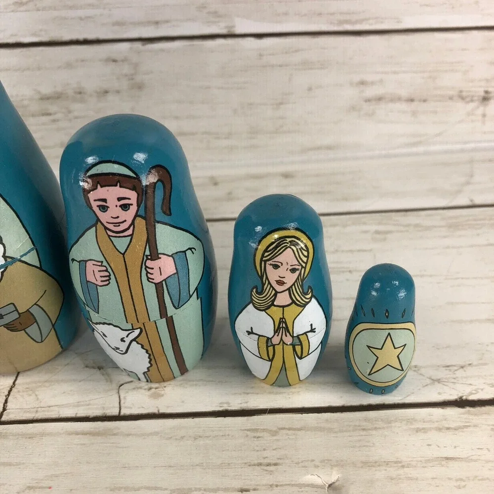 Nativity Nesting Dolls Wooden Matryoshka 5‎ Piece Christmas Set Blue Holy Family